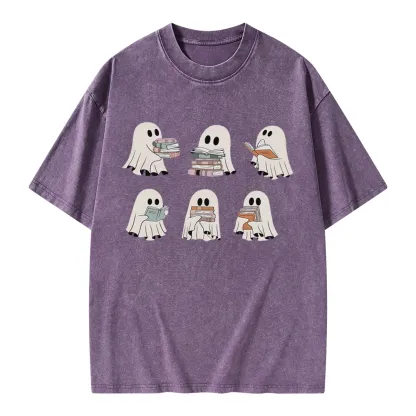 Pagewings Ghost Reading Halloween Unisex Washed T-shirt