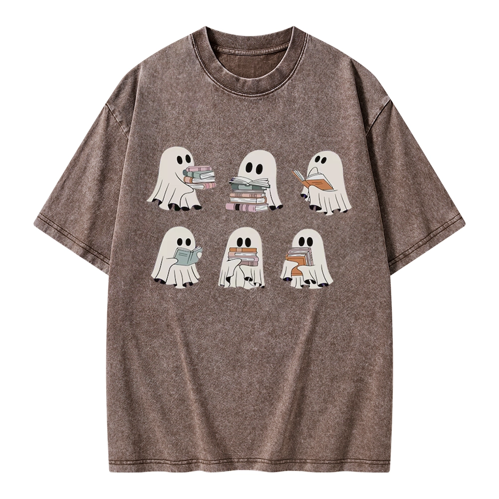 Pagewings Ghost Reading Halloween Unisex Washed T-shirt