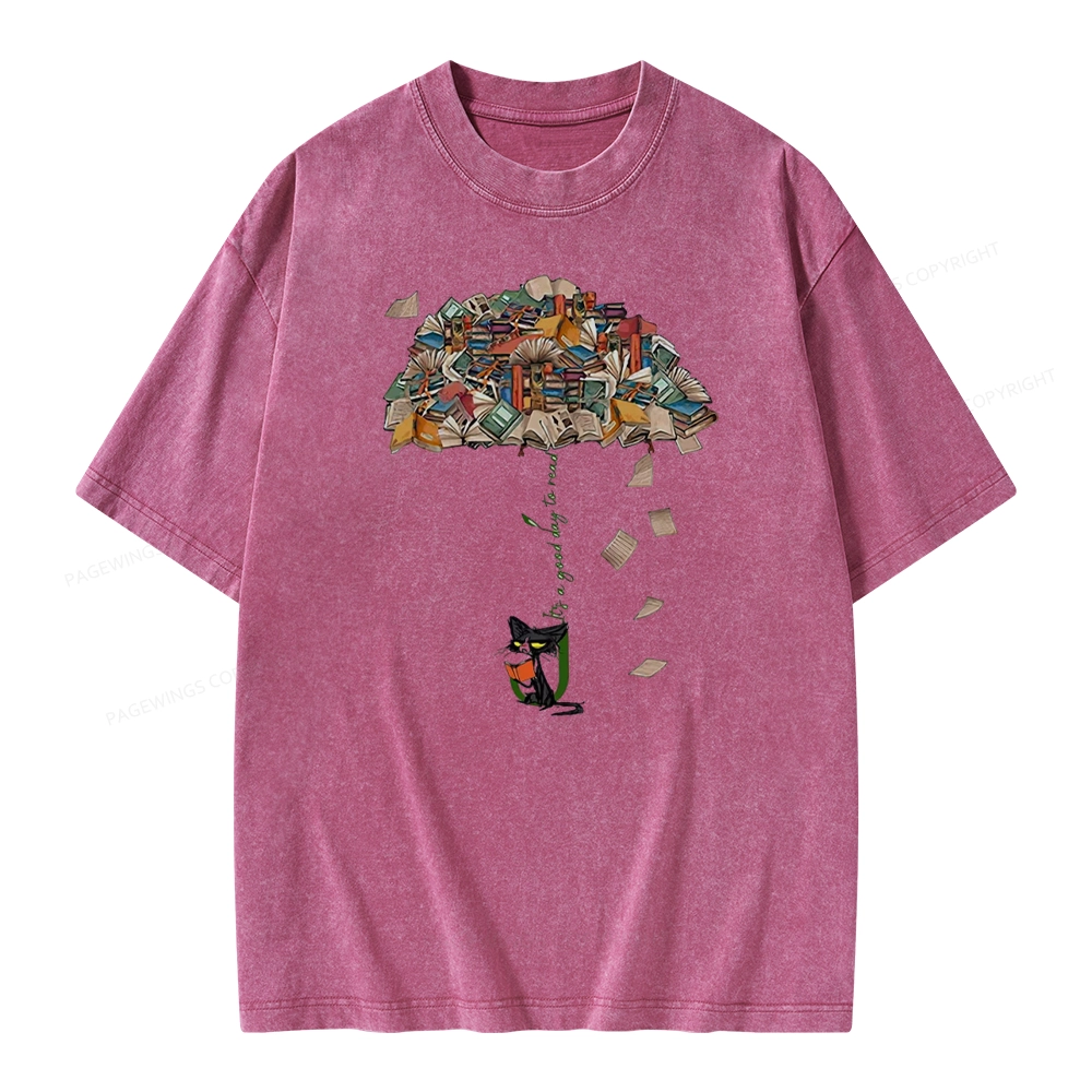 Pagewings It's A Good Day To Read Umbrella Cat Unisex Washed T-shirt
