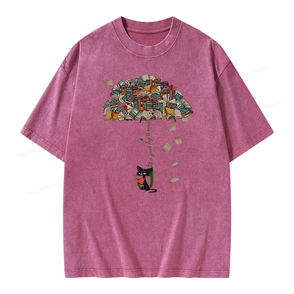 Pagewings It's A Good Day To Read Umbrella Cat Unisex Washed T-shirt
