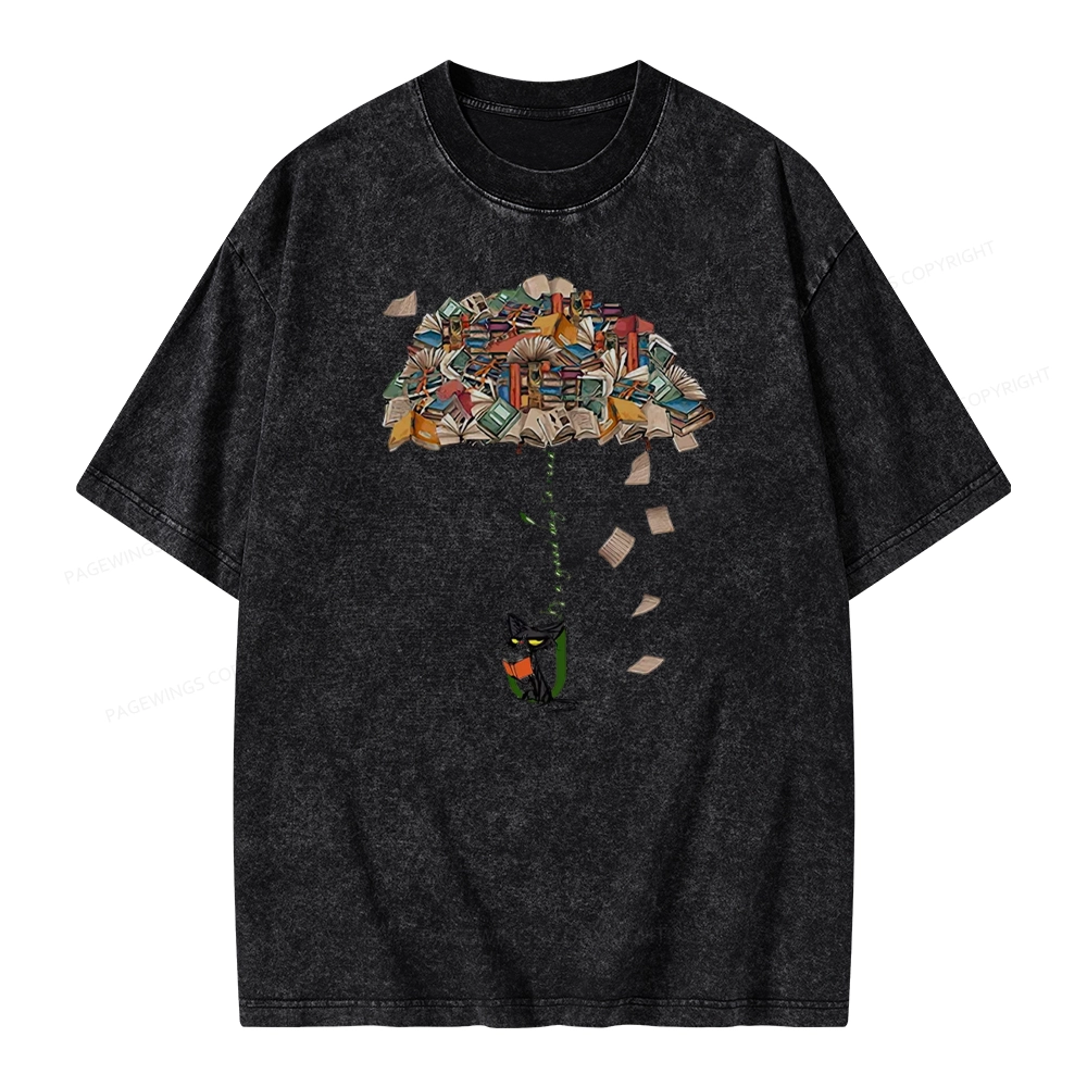 Pagewings It's A Good Day To Read Umbrella Cat Unisex Washed T-shirt