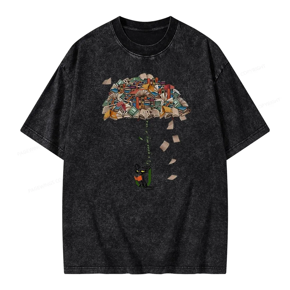 Pagewings It's A Good Day To Read Umbrella Cat Unisex Washed T-shirt