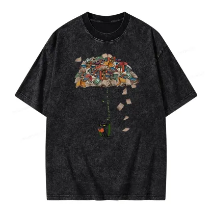 Pagewings It's A Good Day To Read Umbrella Cat Unisex Washed T-shirt