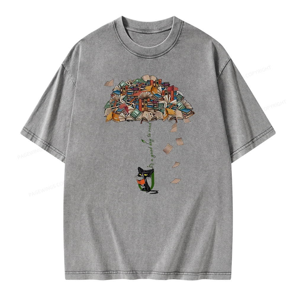 Pagewings It's A Good Day To Read Umbrella Cat Unisex Washed T-shirt