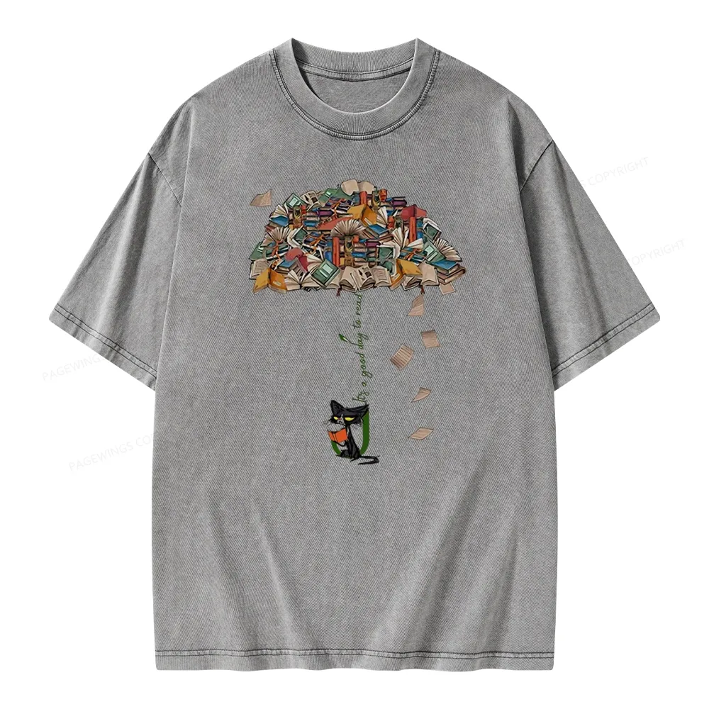 Pagewings It's A Good Day To Read Umbrella Cat Unisex Washed T-shirt