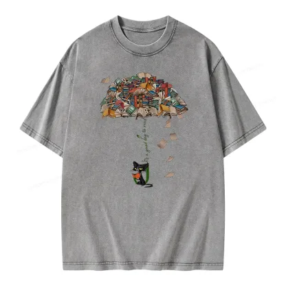 Pagewings It's A Good Day To Read Umbrella Cat Unisex Washed T-shirt