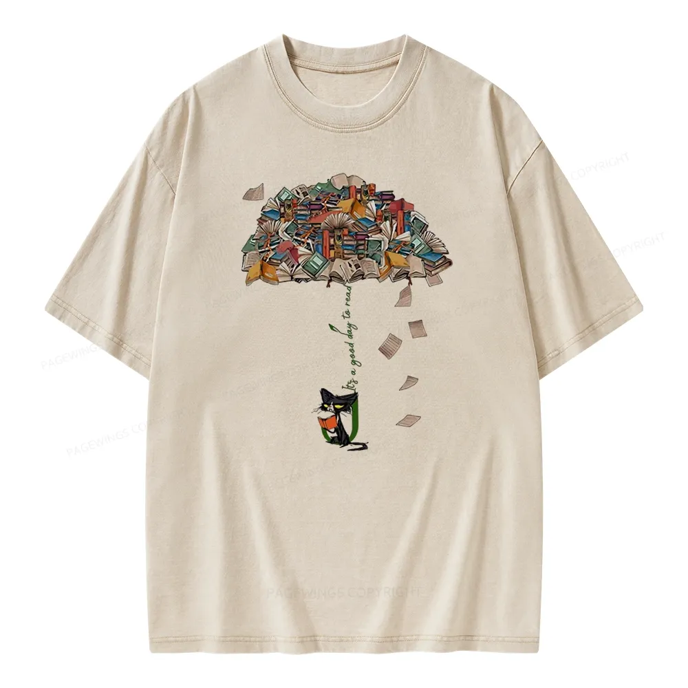 Pagewings It's A Good Day To Read Umbrella Cat Unisex Washed T-shirt