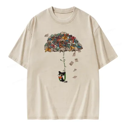 Pagewings It's A Good Day To Read Umbrella Cat Unisex Washed T-shirt