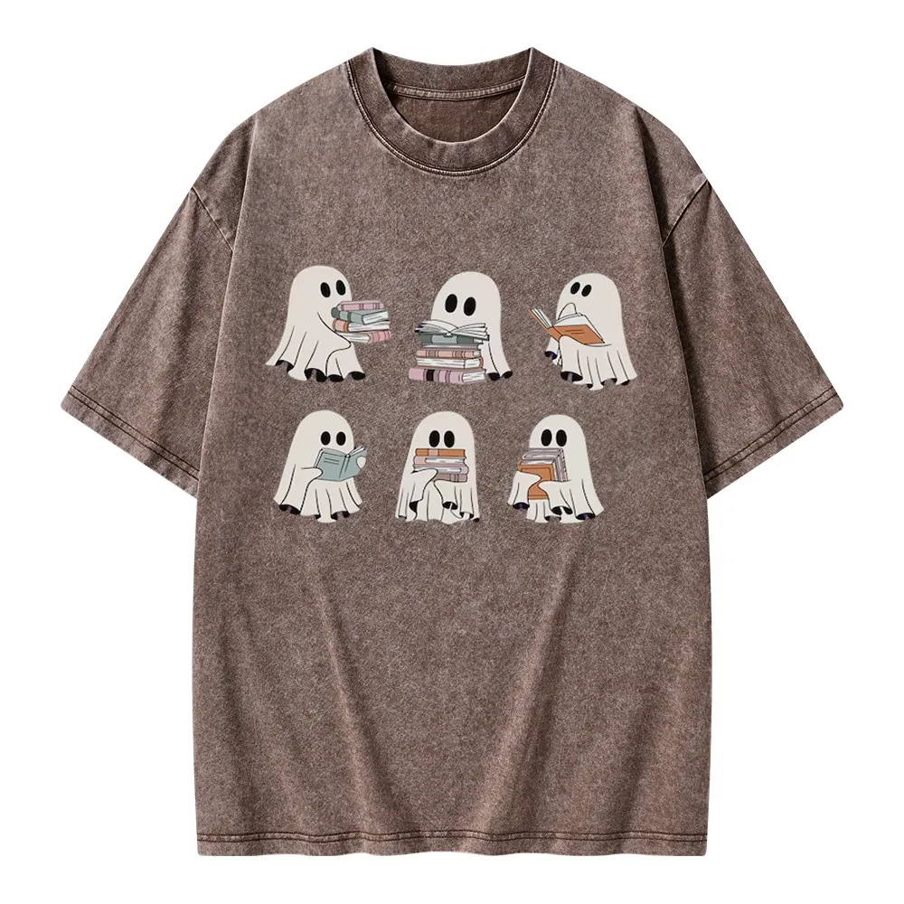 Pagewings Ghost Reading Halloween Unisex Washed T-shirt