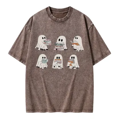 Pagewings Ghost Reading Halloween Unisex Washed T-shirt