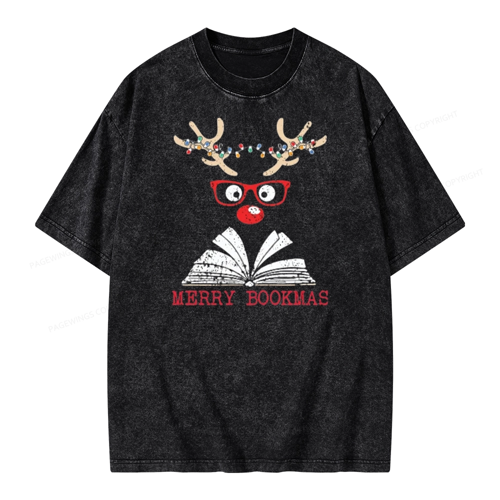 Pagewings Christmas Reindeer Reading Unisex Washed T-shirt
