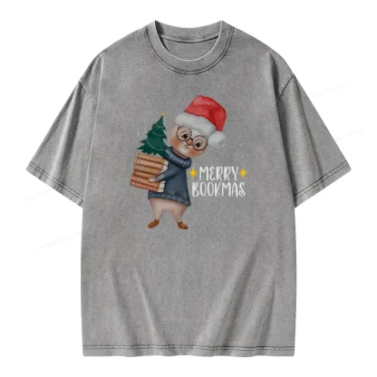 Pagewings Merry Bookmas Rabbit Unisex Washed T-shirt