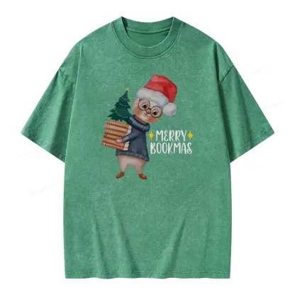 Pagewings Merry Bookmas Rabbit Unisex Washed T-shirt
