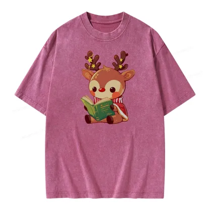 Pagewings Cute Bookish Reindeer Unisex Washed T-shirt