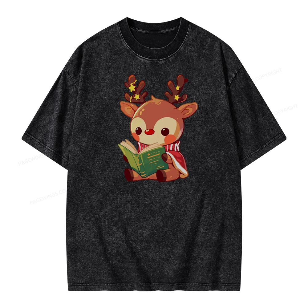 Pagewings Cute Bookish Reindeer Unisex Washed T-shirt