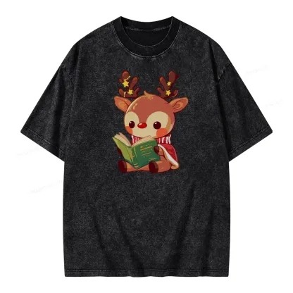 Pagewings Cute Bookish Reindeer Unisex Washed T-shirt