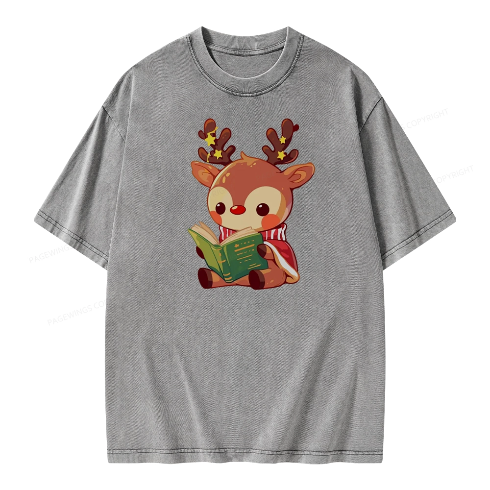 Pagewings Cute Bookish Reindeer Unisex Washed T-shirt
