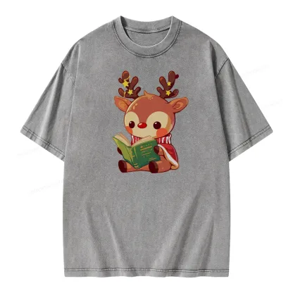 Pagewings Cute Bookish Reindeer Unisex Washed T-shirt