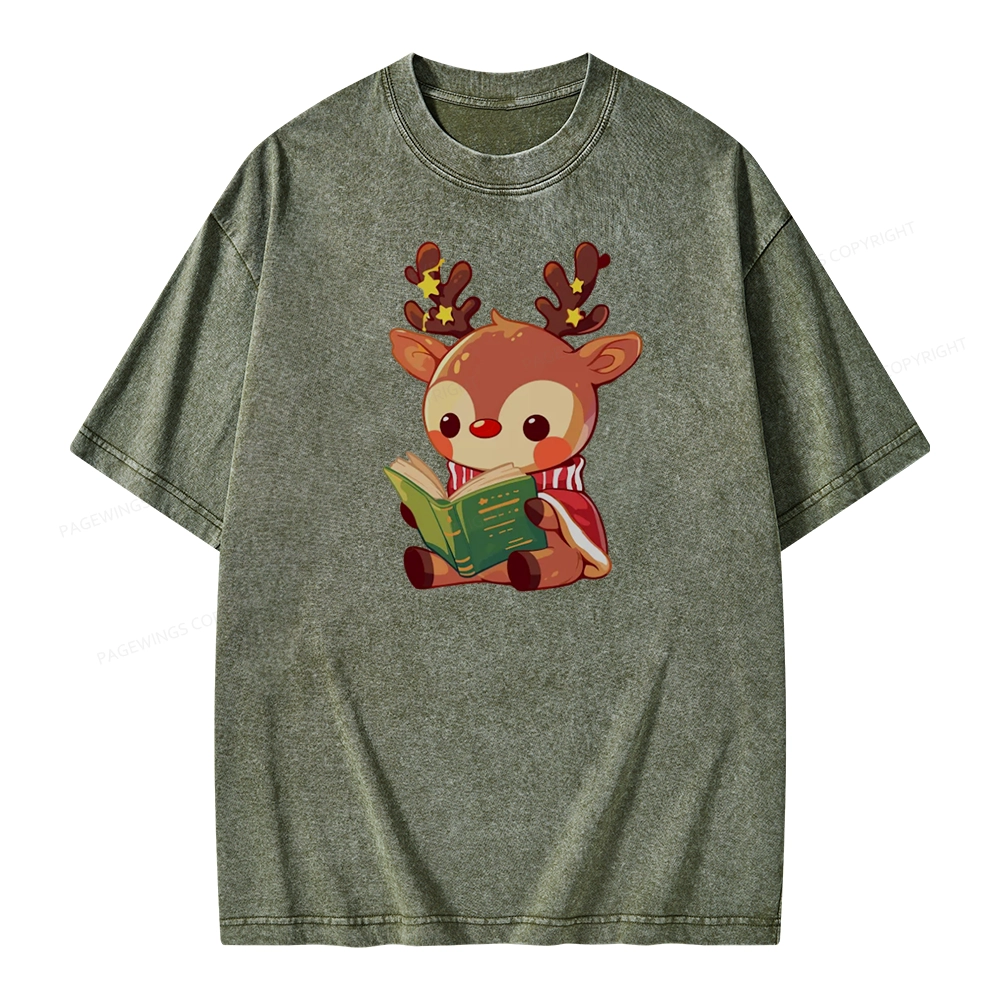 Pagewings Cute Bookish Reindeer Unisex Washed T-shirt