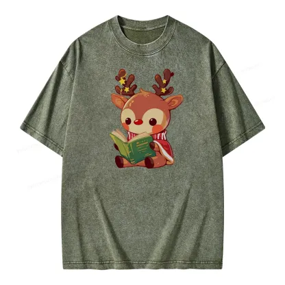 Pagewings Cute Bookish Reindeer Unisex Washed T-shirt