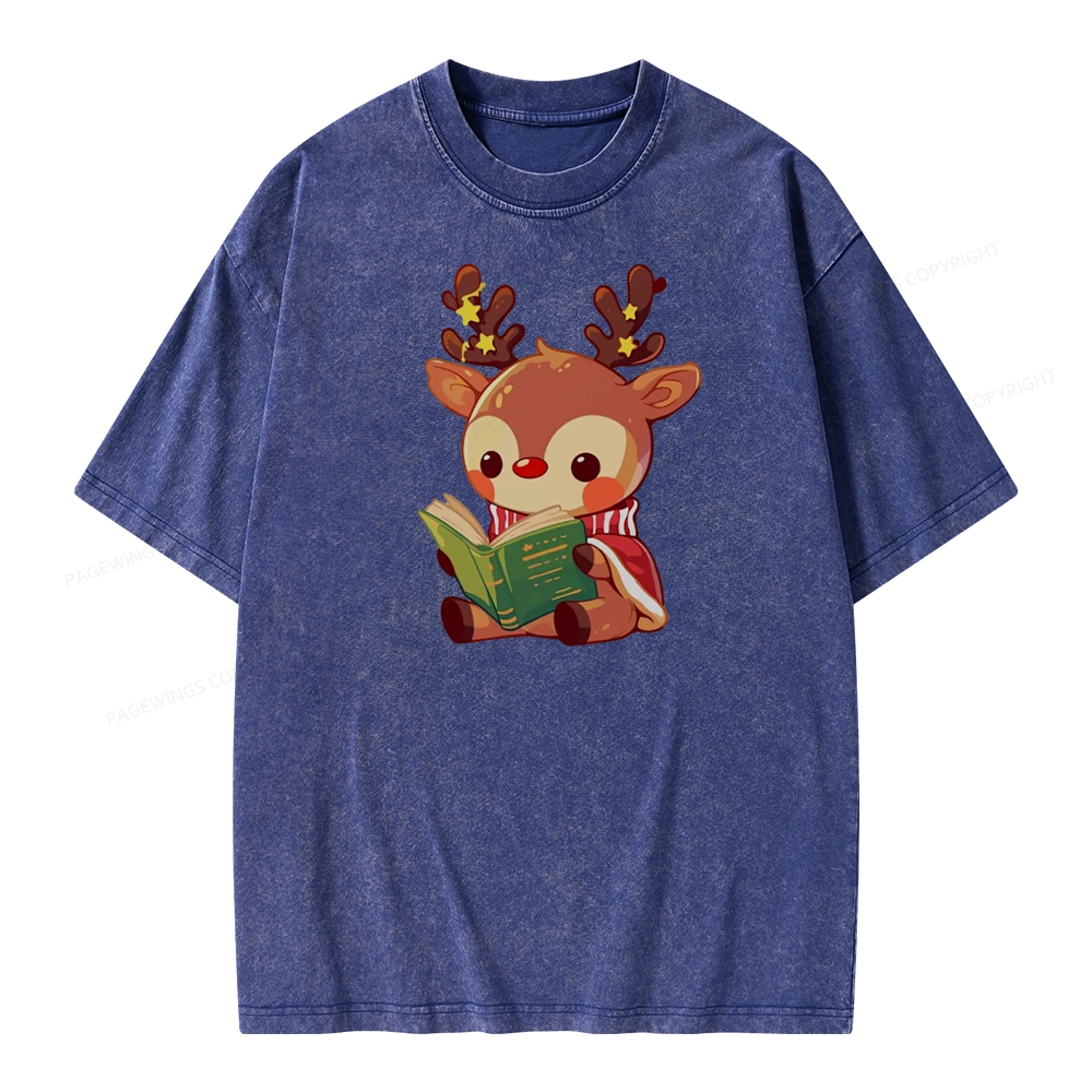 Pagewings Cute Bookish Reindeer Unisex Washed T-shirt