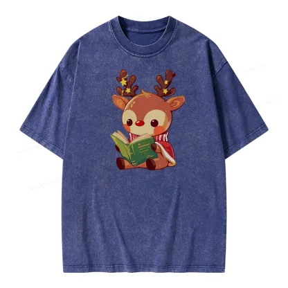 Pagewings Cute Bookish Reindeer Unisex Washed T-shirt