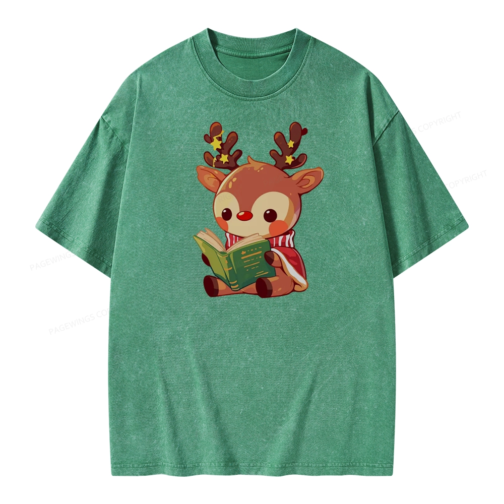 Pagewings Cute Bookish Reindeer Unisex Washed T-shirt