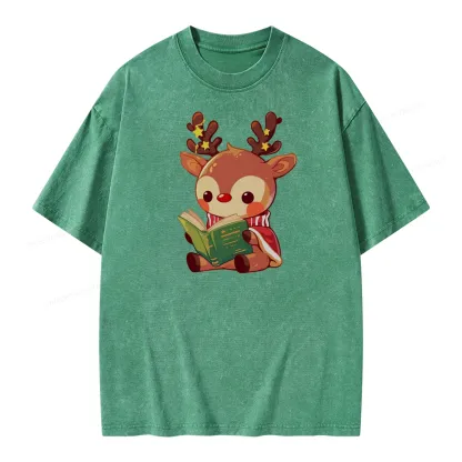 Pagewings Cute Bookish Reindeer Unisex Washed T-shirt