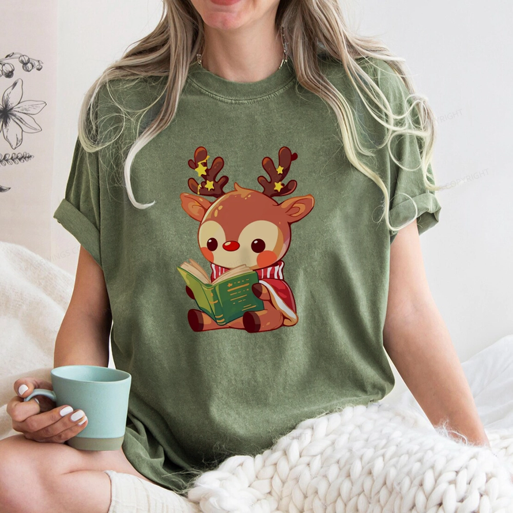 Pagewings Cute Bookish Reindeer Unisex Washed T-shirt