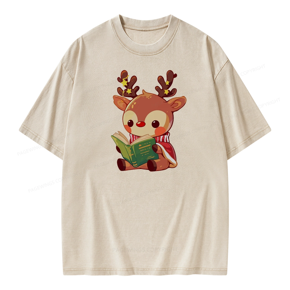 Pagewings Cute Bookish Reindeer Unisex Washed T-shirt