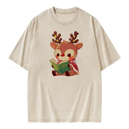Pagewings Cute Bookish Reindeer Unisex Washed T-shirt