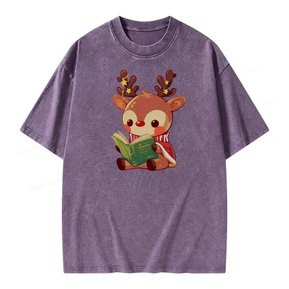 Pagewings Cute Bookish Reindeer Unisex Washed T-shirt