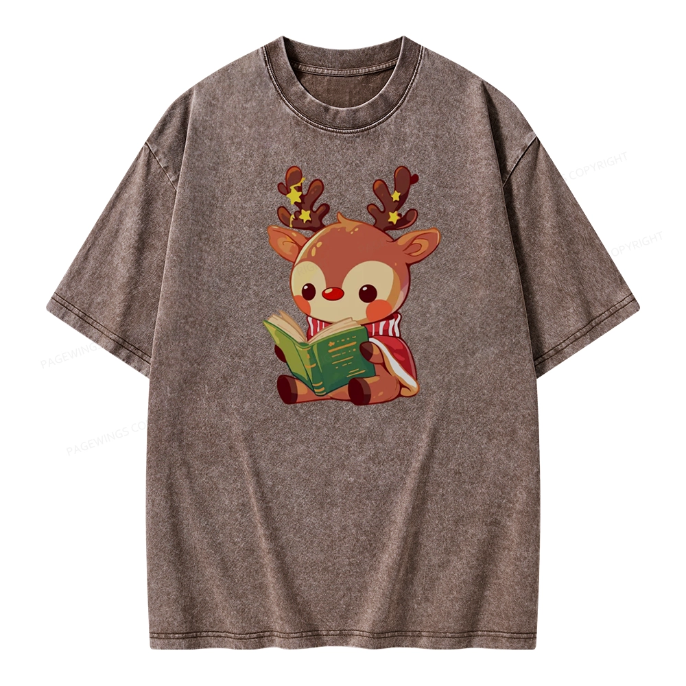 Pagewings Cute Bookish Reindeer Unisex Washed T-shirt