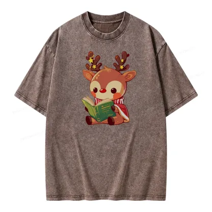 Pagewings Cute Bookish Reindeer Unisex Washed T-shirt