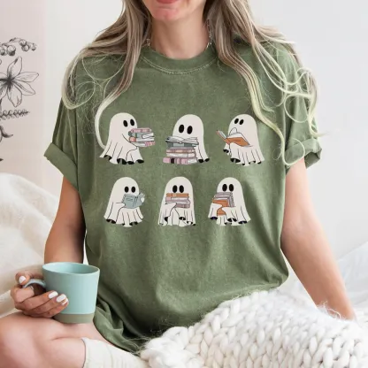 Pagewings Ghost Reading Halloween Unisex Washed T-shirt