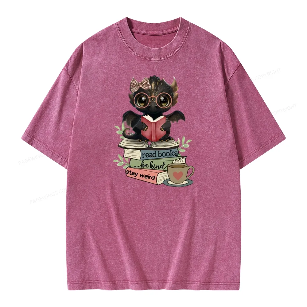 Pagewings Cute Dragon Read Books Be Kind Stay Weird Unisex Washed T-shirt