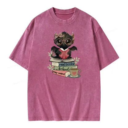 Pagewings Cute Dragon Read Books Be Kind Stay Weird Unisex Washed T-shirt