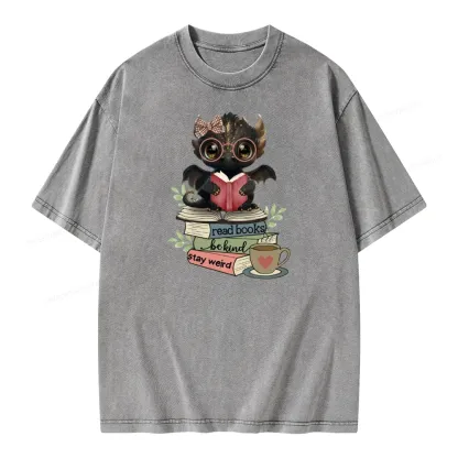 Pagewings Cute Dragon Read Books Be Kind Stay Weird Unisex Washed T-shirt