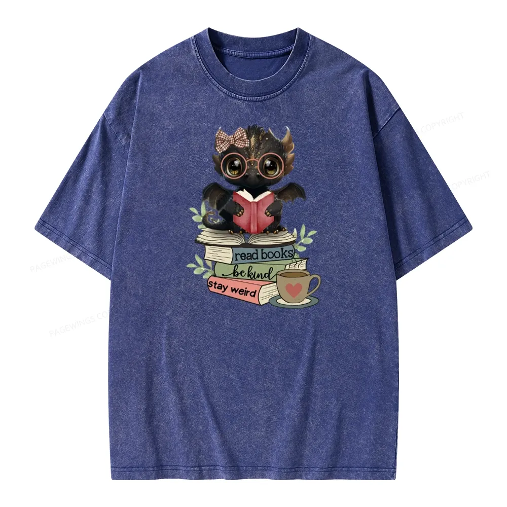 Pagewings Cute Dragon Read Books Be Kind Stay Weird Unisex Washed T-shirt