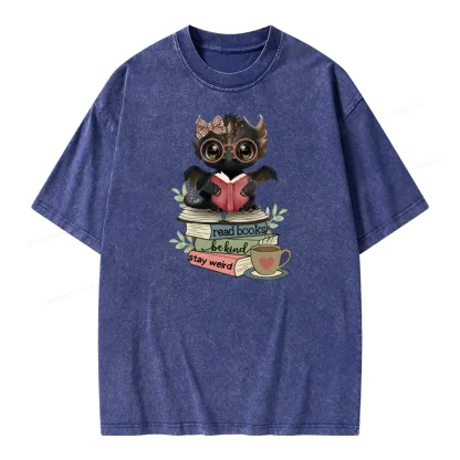 Pagewings Cute Dragon Read Books Be Kind Stay Weird Unisex Washed T-shirt