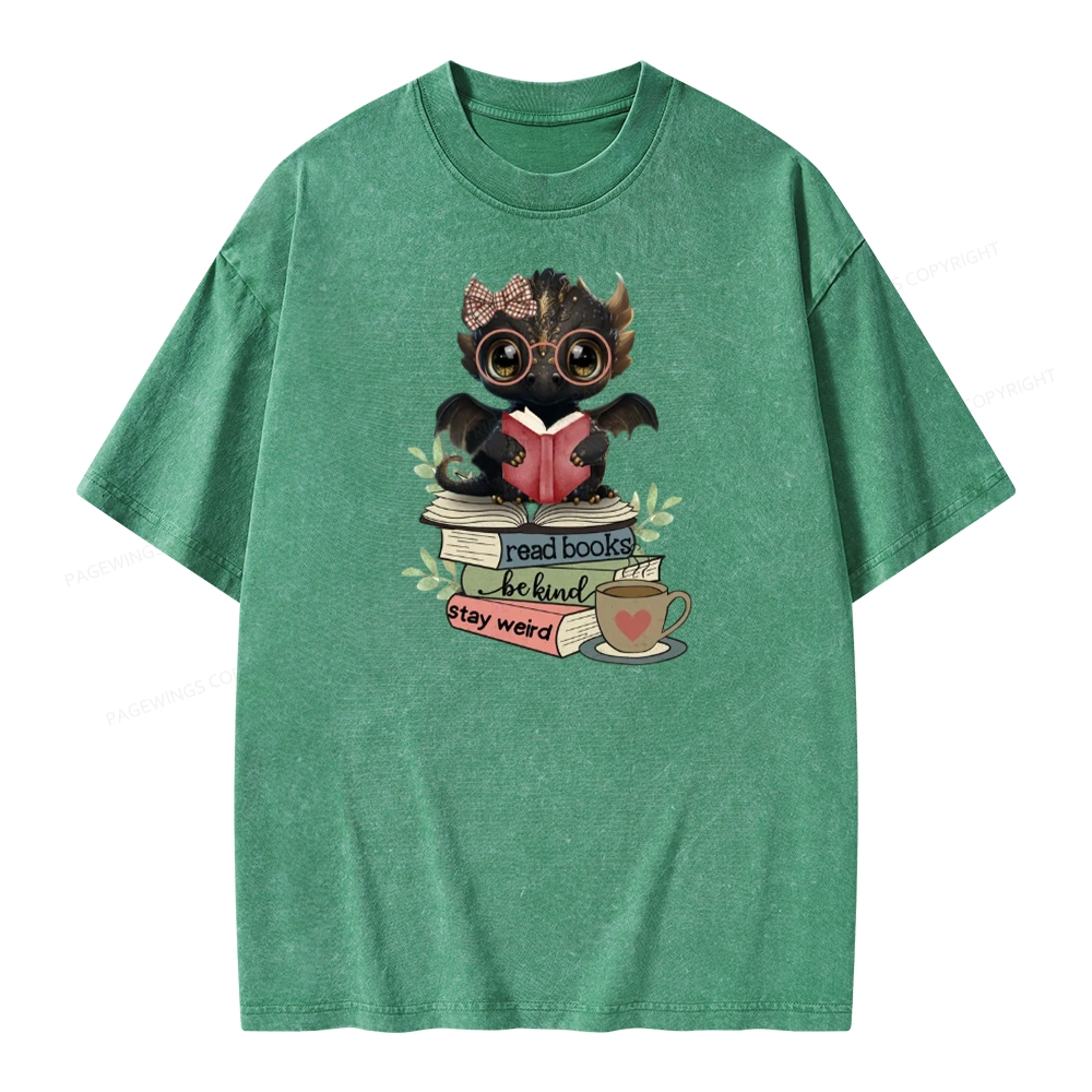 Pagewings Cute Dragon Read Books Be Kind Stay Weird Unisex Washed T-shirt