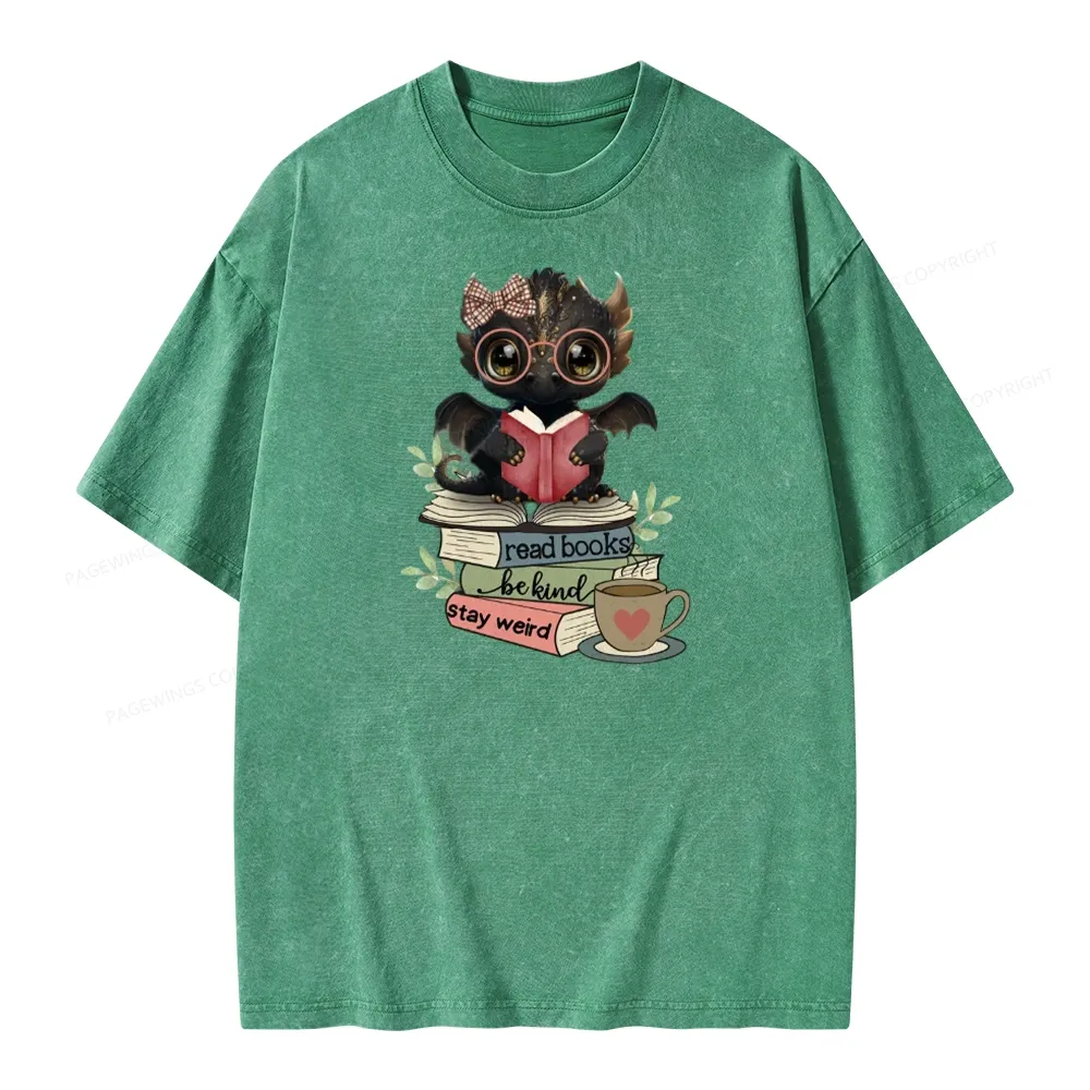 Pagewings Cute Dragon Read Books Be Kind Stay Weird Unisex Washed T-shirt