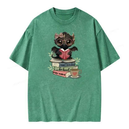 Pagewings Cute Dragon Read Books Be Kind Stay Weird Unisex Washed T-shirt