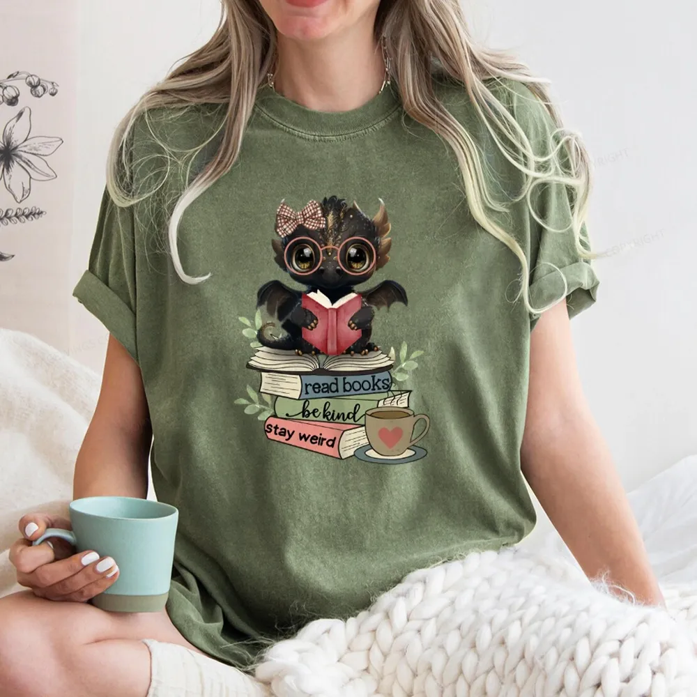 Pagewings Cute Dragon Read Books Be Kind Stay Weird Unisex Washed T-shirt