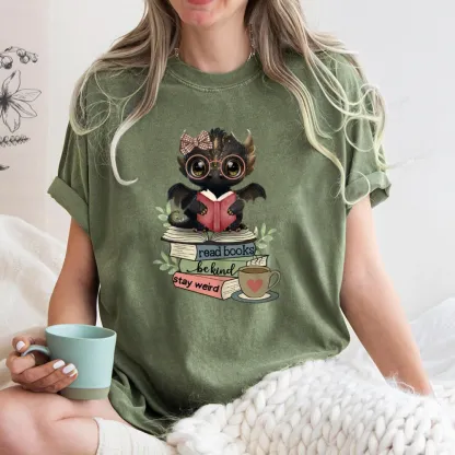 Pagewings Cute Dragon Read Books Be Kind Stay Weird Unisex Washed T-shirt