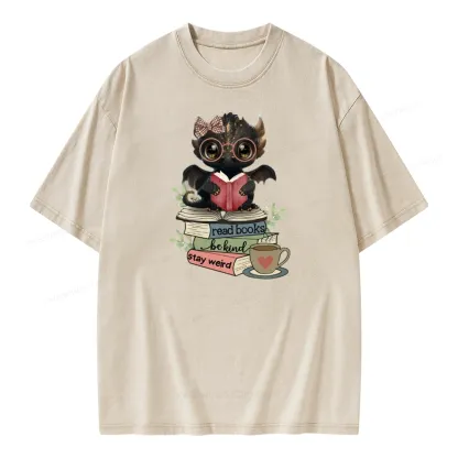Pagewings Cute Dragon Read Books Be Kind Stay Weird Unisex Washed T-shirt