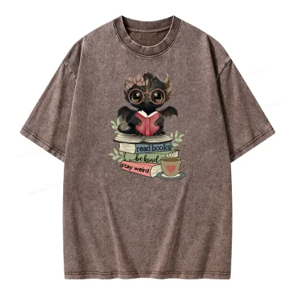 Pagewings Cute Dragon Read Books Be Kind Stay Weird Unisex Washed T-shirt