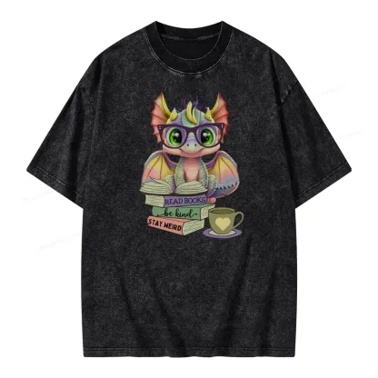 Pagewings Cute Dragon Reading Unisex Washed T-shirt