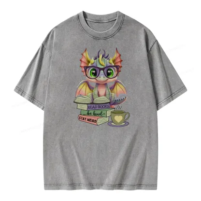 Pagewings Cute Dragon Reading Unisex Washed T-shirt