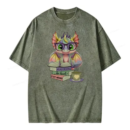 Pagewings Cute Dragon Reading Unisex Washed T-shirt